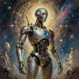 high detailed painting of a psychedelic android in a mystic spiritual world, the war of spirits in the cosmos