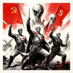 1 9 3 6 soviet propaganda poster depicting the victory against the aliens, high detail, artstation, angular, red black and white, by mikhail baljasnij