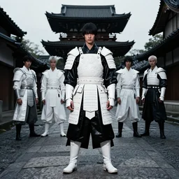 fashion model with white ancestral ornate medieval tactical gear standing in an ancient japanese temple, black leather samurai garment, long shot, dark abandoned city streets, by irving penn and storm thorgerson, ren heng, peter elson, alvar aalto