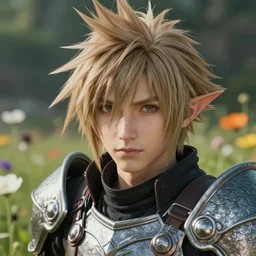 character portrait of an au ra with a pixie cut and dragon scale skin standing in a field of flowers wearing armor, final fantasy xiv, octane render, a realistically proportioned face, photorealistic eyes, good value control, smooth, realistic shading, realistic face details, illustration, substance painter, very highly detailed