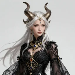 fullbody!! of a beautiful woman with white hair, big natural horns on her head, long flowing intricate black lace dress, gold and gemstone jewellery, dnd, face, fantasy, intricate, elegant, highly detailed, digital painting, artstation, concept art, smooth, sharp focus, illustration, art by artgerm and greg rutkowski and alphonse mucha