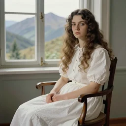 A beautiful body art of of a woman with long curly hair, wearing a white dress and sitting in a chair in front of a window with a view of a mountainside. Tove Jansson by William Wegman harrowing