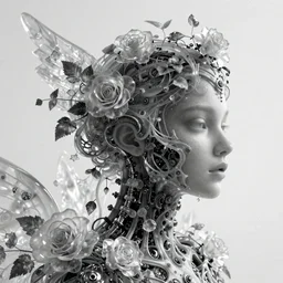 mythical dreamy black and white organic bio - mechanical spinal ribbed profile face portrait detail of translucent steampunk beautiful female angelic - human - queen - vegetal - cyborg, highly detailed, intricate crystal ivy jelly ornate, poetic, translucent roses ornate, 3 d render, digital art, octane render, 8 k artistic photography, photo - realistic, by dora maar