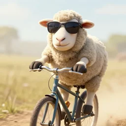 a sheep who is wearing sunglasses and riding a bike, light dust, warm lighting, high detailed, artstation
