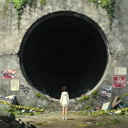 ghost in the shell, ghibli, miyazaki movie scene, vansishing point, hobit hole, foreground,, ultra wide, brutalist, white hoodie girl outside a large hole in the side of a concrete wall, huge black circle, huge black round hole, black depths, posters, notices, graffiti, stickers, banners, police do not cross tape, junk, moss, vines, spiderwebs