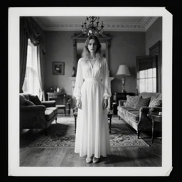 a double exposure of a beautiful full length portrait of a sombre woman, apparition, ghostly, white dress, with an estate agent photo of a stately home living room, scratched photo, damaged edges, black and white damaged photo