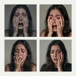 an artist crying while looking at four images