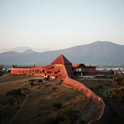 A serene landscape with a singular building in the style of Red Komodo Zeiss 85mm