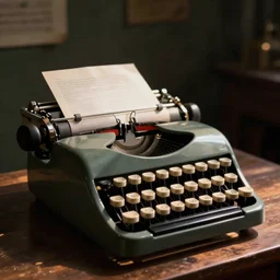 old typewriter standing on a desk in a dimmly lit room, atmospheric lighting