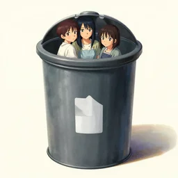 full view, from a distance, of anthropomorphic trashcan, style of yoshii chie and hikari shimoda and martine johanna, highly detailed