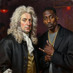 a classical portrait of sir isaac newton and tupac shakur together chillin at the club, oil on canvas