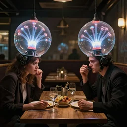two spherical glass plasma lamp heads with normal human bodies and clothes having an awkward dinner date in a dimly lit cafe. cyberpunk dystopia. intricate, sharp focus, highly detailed, dramatic lighting, by susannah martin and anton pieck, tending on artstation