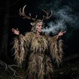 1 9 2 0 s spirit portrait photography of an old female farmer turning into a krampus ghost with hay cloth and antlers in the dolomites, smoke from mouth, casting a giant root spell, inviting hand, witchy, wicca, by william hope, dark, eerie, grainy