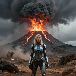 volcano eruption post apocalyptic scene with a blonde cyber girl futuristic mars mad max stormy weather