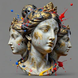 3 d marble head of goddess, vogue cover style, many black and gold and red paint splatters, blue and yellow and red paint splashes, paint drops whirling in the air, 3 d poster art, high detail, 3 d intricate oil painting, multiple exposure, stanley kubrick mood, hyperrealism, 3 d, by tooth wu and wlop and beeple and greg rutkowski