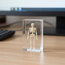 a block of acrylic with a tiny human skeleton inside, executive desk toy, on desktop
