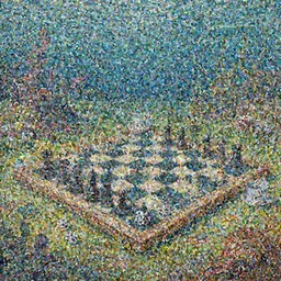landscape painting of an unusually decorated outdoor chessboards under the sea, dice, teacups,