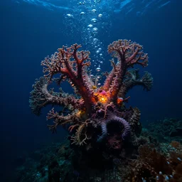 serene sealife underwater, deep ocean, bottom of the sea, dark, extreme depths, organic, mariana trench, midnight zone, bubbles, vibrant luminescence, hyper realistic, hyper detailed, digital art, trending in artstation, studio quality, photorealistic, photo, by jesper ejsing, wlop, paul lehr