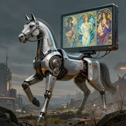 photo of VAZ2105 robotic horse as a loading screen, intricate, dystopian, sci-fi, extremely detailed, digital painting, artstation, concept art, smooth, sharp focus, illustration, intimidating lighting, incredible art by artgerm and greg rutkowski and alphonse mucha and simon stalenhag