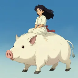 illustration of a young shaman girl sitting atop a giant mechanised boar in the style of hayao miyazaki and katsuhiro otomo. trending on artstation, blue gradient, cream color palette.
