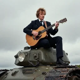 peter capaldi doctor who playing a classic guitar on top of a tank