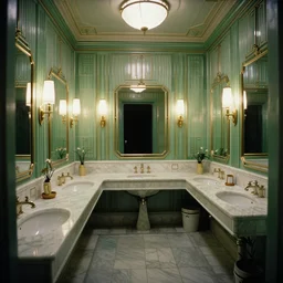 photorealistic ultra wide cinematography of the green art deco bathroom from room 2 3 7 from stanley kubrick's 1 9 8 0 film the shining, inside the overlook hotel shot on 3 5 mm eastman 5 2 4 7 film by the shining cinematographer john alcott shot on a wide kinoptik tegea 9. 8 mm lens. with golden ratio composition