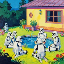 close - up image of a house with a garden, a pond in the garden, startroopers are sitting around it, a combination of pop art and traditional japanese painting styles, the style of andy warhol, roy lichtenstein and jackie tsai, bright palette, acrylic on canvas