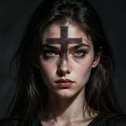 shameless woman whis impudent facial expression,  shadow of the cross, dark and mysterious, atmospheric, trending on artstation, highly detailed, digital painting, volumetric light, concept art, sharp focus, illustration