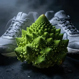 romanesco brocoli balenciaga sneakers, arcimboldo, close up, highly detailed, dramatic intense lighting, deep shadows, wet, foggy