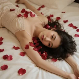 a pretty woman lying in a bed that's covered in rose petals,