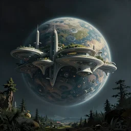 beautiful low angle painting of a stunning planet with beautiful sleek dreamlike buildings and technology, forestpunk, moody atmosphere, scene from a movie, epic composition, dramatic lighting, trending on artstation, octane render, by stanley kubrick