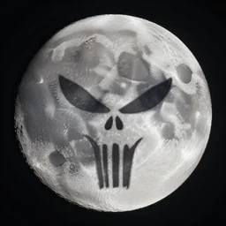 wide angle view of the moon with punisher symbol in the form of a lunar crater in the form of punisher symbol
