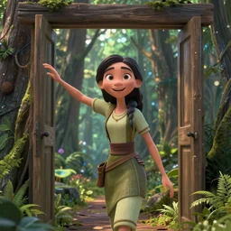 highly detailed woman beckoning through doorway in the forest finely detailed illustration animation key frame