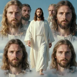 jesus walking down from heaven, 8 k, photorealistic, extremely detailed, shot on super fujica 6 fujinar, cinematic lighting, perfect faces