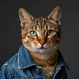 full head photo portrait of a cute havana brown cat made with jeans jacket, medium shot, super realistic, crisp details, sharp, detailed, intricate, volumetric lights, cinematic, photorealism, shot with hasselblad, octane render