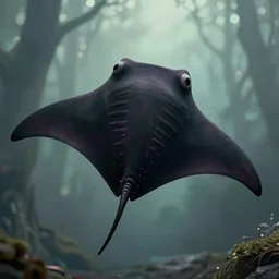a new shy gothic manta ray character, in the style of the muppets, it is a manta ray with manta ray fins for arms, designed by beetlejuice the musical on broadway, real, photograph, cinematic