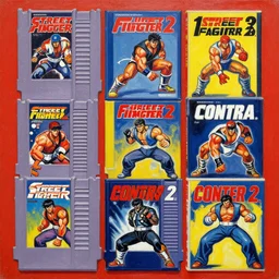 1 9 7 9 retro box art nes. commodore 6 4. street fighter 2. contra. artgerm. coherent. keith parkinson. oil on canvas