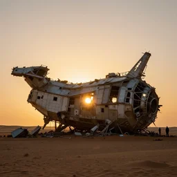 huge crashed old space station wrekage on epic cinematic still photography of sun glowing on the dessert during sunset, silhouettes of people