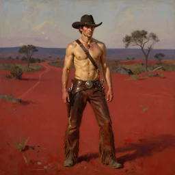a homoerotic painting of an attractive shirtless gunslinger wearing a bandolier!!! and fringed leather pants in a red dert at twilight, natural lighting, path traced, highly detailed, high quality, digital painting, by gaston bussiere, craig mullins, alphonse mucha, j. c. leyendecker