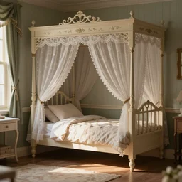 photo of a Victorian dollhouse, bedroom with a canopy bed, interior view, extreme details, soft lighting, crepuscular rays, realistic octane render, 8k