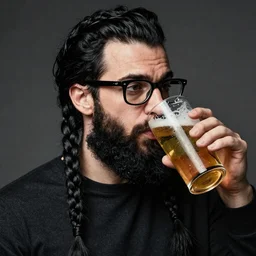 egon schele + moebius art style long black braid beard thick eyebrows  black short hair colin farrell ray ban glasses drinking a pint of beer