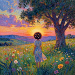 girl with flower afro, standing in a field with flowers, surreal photography, hills, big trees, sunrise dramatic light, impressionist painting, colorful clouds, digital painting, pointillism, artstation, simon stalenhag