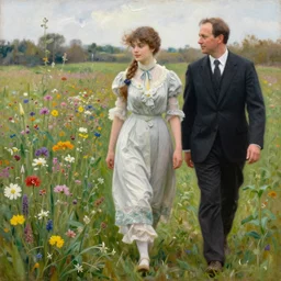 Richard Schmid and Jeremy Lipking full length portrait painting of a young beautiful edwardian girl walking through a field of tall flowers