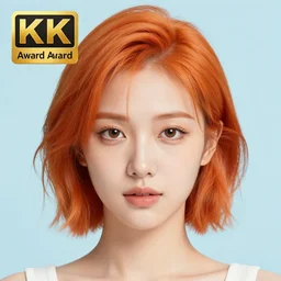 Pretty face orange hair, light blue background, 8k, award-winning photorealistic