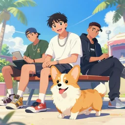 beautiful anime illustration of hiphop solarpunk summertime chill with corgi, by gaston bussiere, j. c. leyendecker, craig mullins. trending on artstation, 8 k, masterpiece, graffiti paint, fine detail, full of color, intricate detail, golden ratio illustration, face enhance