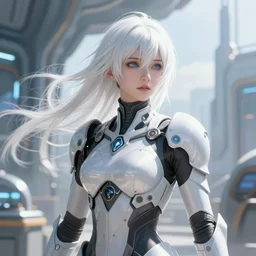 perfect white haired girl, warframe armor, beautiful, dreamy, pretty face, blue eyes, detailed, windy weather, scifi, utopian architecture, laboratory, 4 k, ultra realistic, aura of light, cinematic, high detail, masterpiece, art by akihito tsukushi, akasuki brightmind