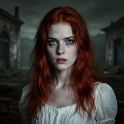 eerie atmospheric photograph featuring the protagonist of a silent hill film, a uniqley attractive woman with dark & vibrant auburn hair, warm piercing blue eyes & pale complexion, thoughtfull contemplative expression on her face, in white dress, dramatic lighting, high contrast, delapadated civilization in background, style inspired by dalisacg of deviantart