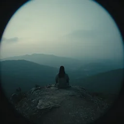 a lonely god sits on a mountain overlooking the vast empty world he once ruled, fisheye lens, cinematic, cinematic lighting, cinematic atmosphere