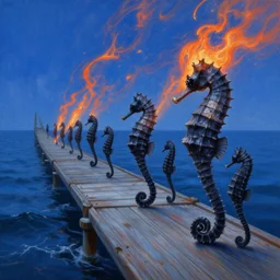 breathtaking detailed soft painting of a plank in the sea with electrical black seahorses, ultramarine skies flowing in burning strand, elegant, highly detailed, artstation, concept art, matte, sharp focus, art by tom bagshaw, and greg rutkowski