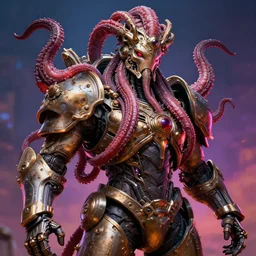 portrait of adeptus mechanicus, covered in tentacle crown, cinematic, intricate details, unreal engine 5, rule of three, vivid colors, dynamic lighting, by claude monet and marco bucci